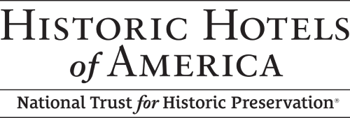 A logo reads “Historic Hotels of America” with a subtitle “National Trust for Historic Preservation.”
