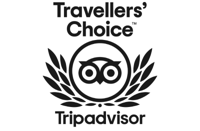 Owl logo with laurel leaves and “Travellers’ Choice” above, “Tripadvisor” below, all in black.
